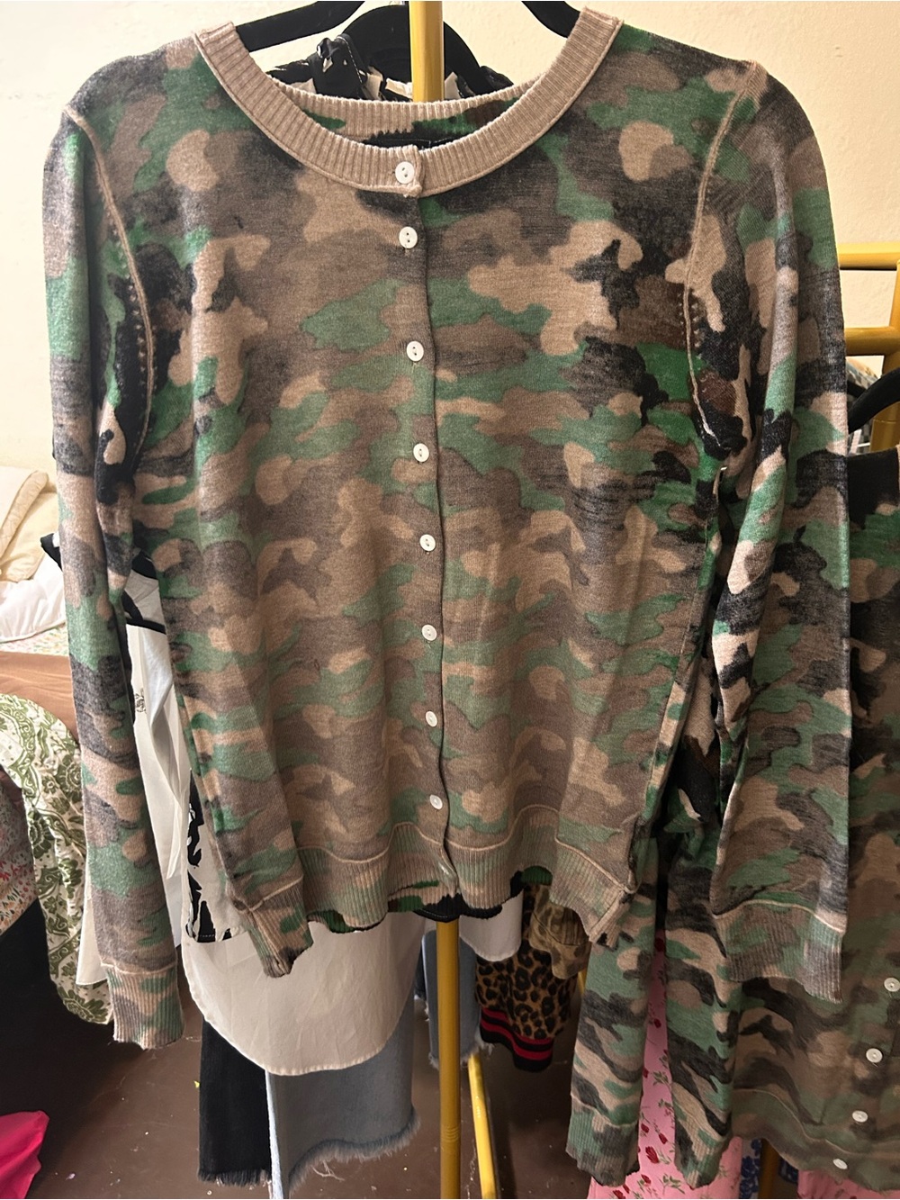 Camo Button-Front Sweater - Green/Brown